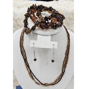Handcrafted Earthy Brown & Gold Tone Beaded Jewelry Set, Tiger's Eye